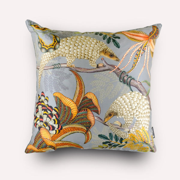 Front view of the Thanda Pangolin in Ash Silk Cushion Cover, showcasing the elegant pangolin design in golden and grey tones on luxurious silk fabric.