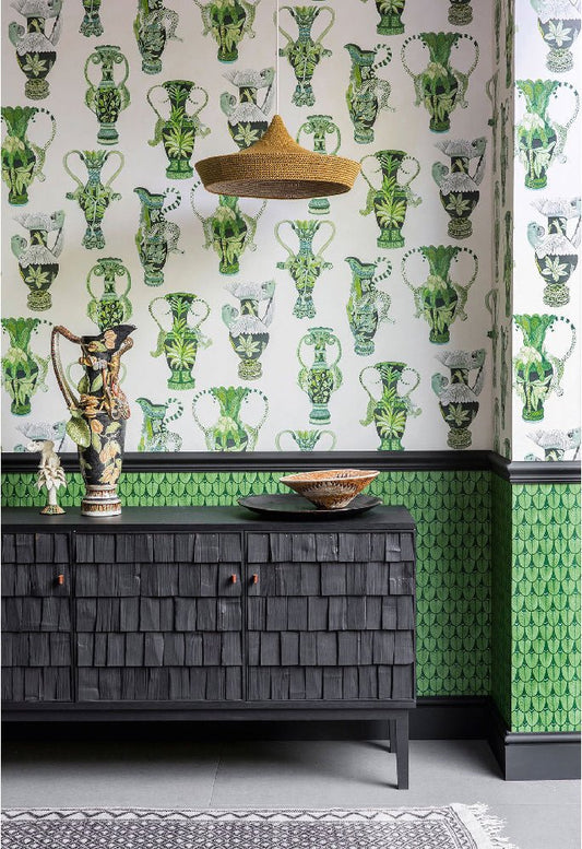 A sophisticated space showcasing the wallpaper's intricate watercolour vase design in vibrant green tones.