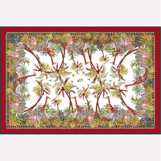 A rectangular tablecloth with a striking royal-themed print, featuring vibrant red and green tropical foliage, birds, and intricate symmetrical patterns framed by a bold red border.