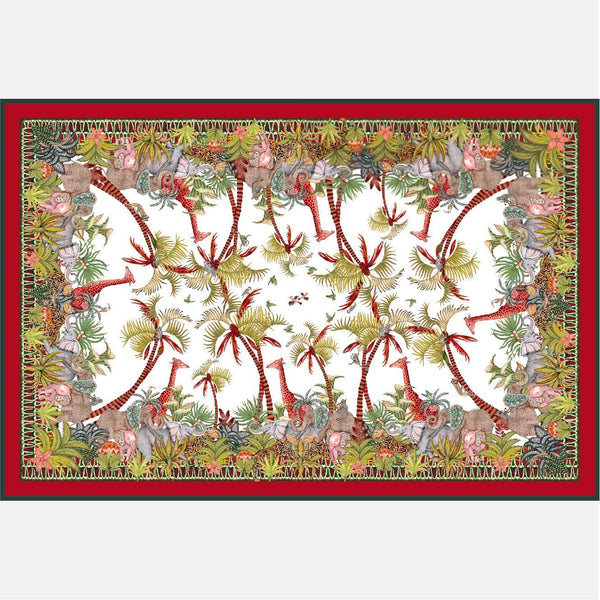A rectangular tablecloth with a striking royal-themed print, featuring vibrant red and green tropical foliage, birds, and intricate symmetrical patterns framed by a bold red border.