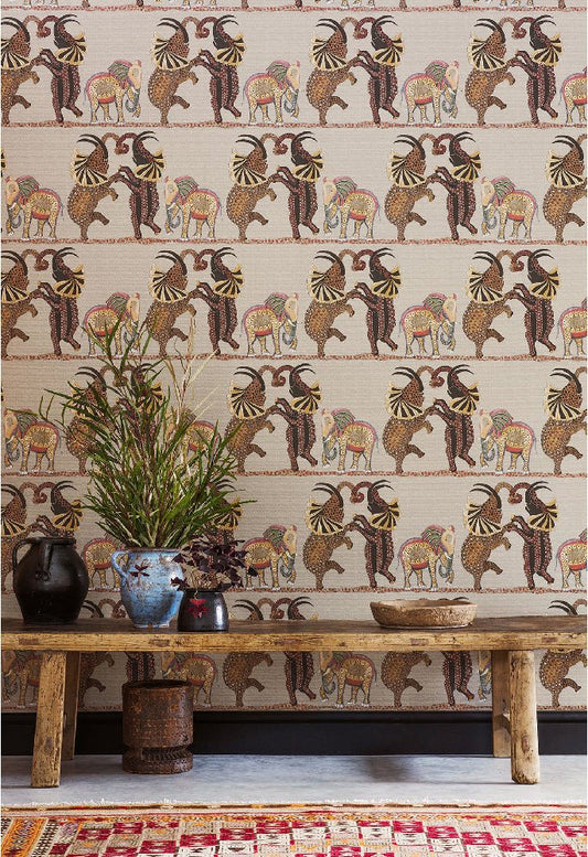 A beautifully decorated room featuring the wallpaper’s rhythmic elephant pattern, exuding an aura of elegance and African artistry.