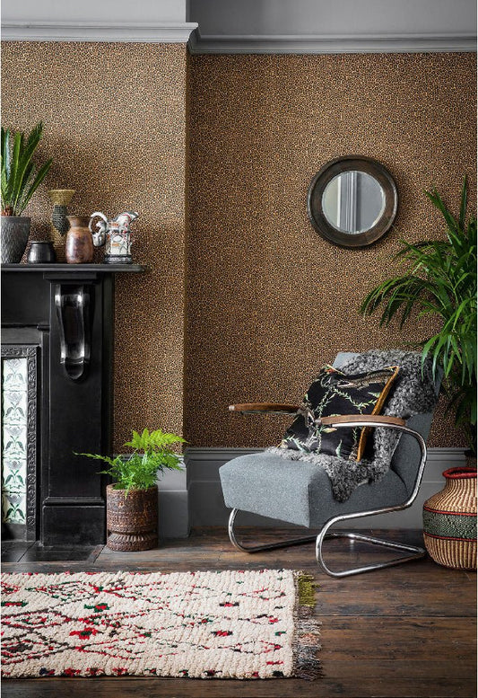A sophisticated living space showcasing the wallpaper’s understated elegance, blending modern minimalism with African-inspired artistry.