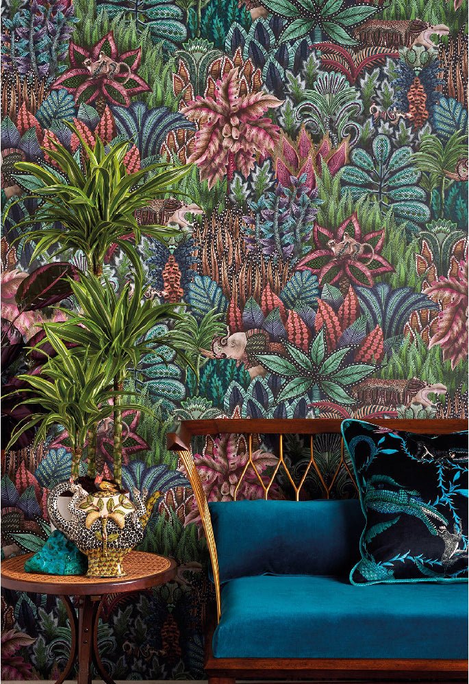 A lush and intricate forest-inspired wallpaper, set against a luxurious interior, enhancing the richness of botanical motifs.