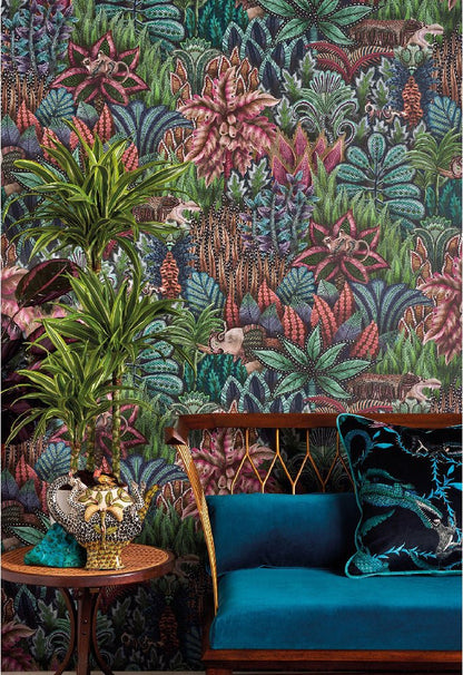 A lush and intricate forest-inspired wallpaper, set against a luxurious interior, enhancing the richness of botanical motifs.