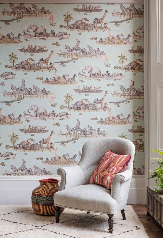 A serene living space featuring the Zambezi wallpaper, where soft, watercolour pastels blend seamlessly into an elegant, adventurous design.